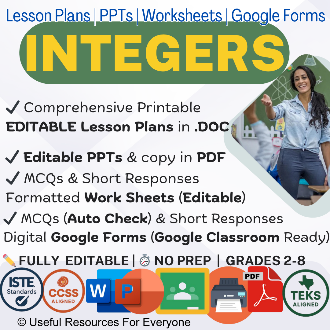 Unlock number system mastery! This ALL-IN-ONE Integers bundle delivers 13 comprehensive, editable lesson plans, vibrant PPT slides, and 40 assessment questions. Perfect for teaching operations, absolute value, and real-world application. Fully editable, zero prep, and immediately impactful—solidify the foundation for algebra!