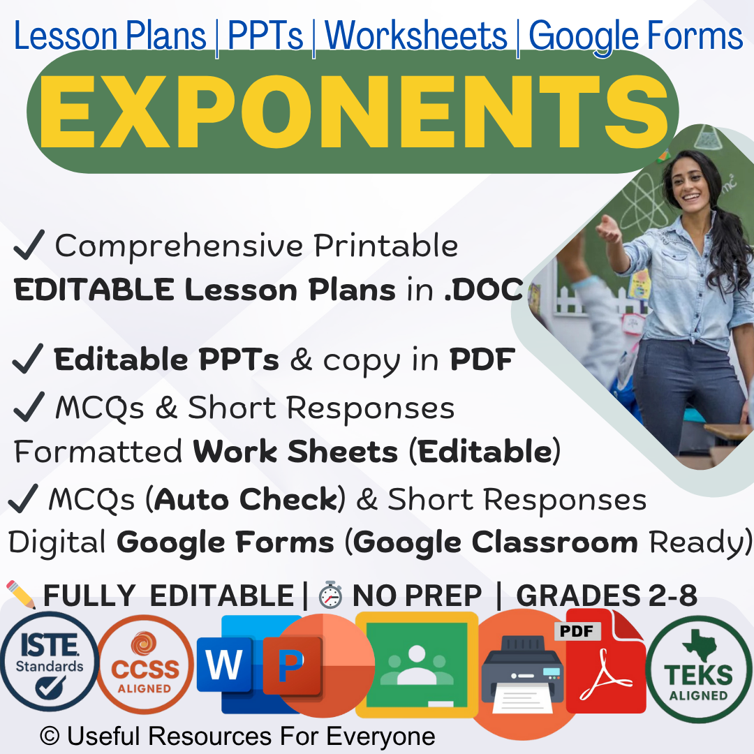 Unlock algebraic thinking! This ALL-IN-ONE Exponents bundle delivers 8 comprehensive, editable lesson plans, vibrant PPT slides, and 40+ assessment questions. Perfect for mastering the laws of exponents and scientific notation. Fully editable, zero prep, and immediately impactful—save hours of research and planning!