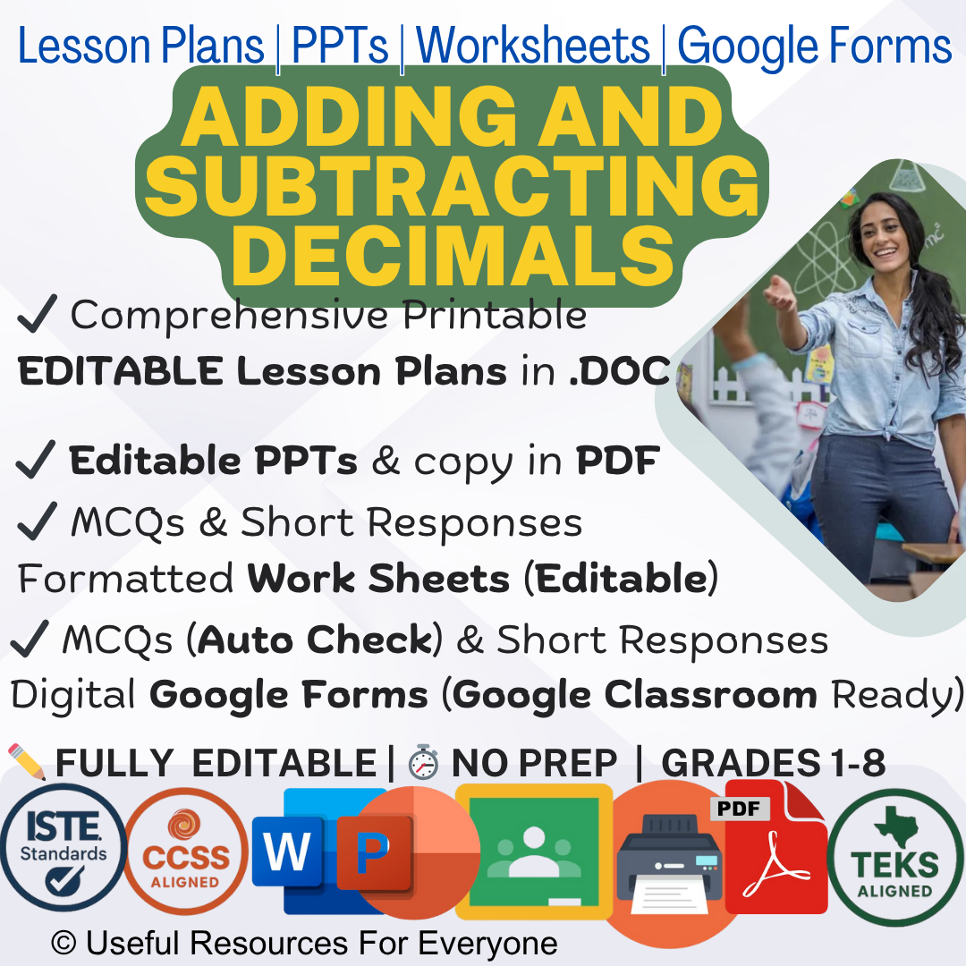🎯 The ULTIMATE Adding & Subtracting Decimals Teaching Resource Bundle! Stop struggling to find cohesive, effective math resources! This isn't just a collection; it's a powerful, cohesive learning experience crafted to ignite curiosity and deepen understanding of adding and subtracting decimals for every student, Grades 1-8. Our bundle truly helps teachers, students, parents, and administrators by providing a structured, easy-to-implement framework that promotes measurable progress and fosters a love for learning. (Imagine the confident teacher in the image, effectively guiding students through decimal concepts) ✅ What's Included in this Essential, Fully Editable Bundle? 8 Editable Lesson Plans (20 pages, .DOC format): Dive deep into each crucial decimal concept with meticulously detailed plans. These cover Learning Objectives, Teaching Methodology, Brainstorming Activities, Hands-on Activities (including Lab/IT where applicable), and Thought-Provoking Homework. These plans are your roadmap to success, ensuring a seamless and effective instructional journey—from introducing decimals to mastering complex operations. Editable PPT Slides (also in PDF): Visually captivate your students with stunning, HD, high-quality images (AI-generated and curated) that bring abstract decimal concepts to life. These adaptable and adjustable slides are perfect for different classes and grades, ensuring dynamic presentations that reinforce key concepts and spark lively discussions on place value and decimal operations. 20 MCQs Worksheet (30 pages, .DOC & PDF, Answer Key): Assess understanding with well-formatted, editable multiple-choice questions designed for quick checks and comprehensive evaluations of decimal addition and subtraction skills. 20 Short Response Question Worksheet (20 pages, .DOC & PDF, Answer Key): Encourage critical thinking and deeper analysis with thought-provoking short response questions. These editable worksheets promote comprehension and written expression as students explain their decimal reasoning. Digital Google Forms (MCQs with Auto-Check & Short Responses - Google Classroom Ready!): (Referencing the "Google Forms" icon and "MCQs (Auto Check)" in your image) Take your decimal assessment digital! These interactive Google Forms offer instant feedback with auto-checking MCQs and easy-to-grade short response sections, perfect for blended learning or paperless classrooms. ✨ Key Features & Benefits: FULLY EDITABLE: Customize every document to perfectly fit your students' needs and your curriculum. NO PREP REQUIRED: Spend less time planning, more time teaching! Ready to use right out of the box. GRADES 1-8: Differentiated content suitable for foundational understanding through advanced middle school decimal operations. ISTE, CCSS, TEKS Aligned: Meets rigorous educational standards, ensuring curriculum relevance. Printable & Digital: Flexibility for any classroom setup – handouts or Google Classroom integration. Ignite Curiosity: Engaging activities and visuals make learning decimals fun and accessible. Measurable Progress: Built-in assessments help track student growth effectively. Saves Time: Your ultimate solution for comprehensive, ready-to-use decimal instruction. Empower your students to achieve decimal mastery! Add this essential bundle to your cart today and transform your math classroom! Humanized Buyer Feedback & Testimonials A Teaching Game-Changer! 🌟 ⭐⭐⭐⭐⭐ Sarah M. Grade 5 Math Teacher Dallas, Texas, USA I used to spend hours prepping decimals lessons. This bundle is ridiculously comprehensive. The 8 editable plans let me adapt easily, and the short response questions finally got my students thinking critically about decimal place value, not just rote memorization. My end-of-unit scores jumped 15 points this semester. A must-buy for any middle school math teacher. Unbeatable Value and Quality ⭐⭐⭐⭐⭐ David Chen Year 7 Math Coordinator London, UK The quality of the PPT slides is exceptional—truly high-definition and engaging visuals that explain complex concepts. But the real value is the structured framework. It’s a complete curriculum module, not just random handouts. It fits perfectly with our national curriculum and has significantly reduced planning stress across our department. Highly recommended for effective, measurable progress. Finally, Confidence in Decimals! ⭐⭐⭐⭐⭐ Maria S. Parent/Tutor San Diego, California, USA My daughter struggled immensely with column alignment and borrowing when subtracting decimals. This resource’s clear lesson plans and varied worksheets (especially the thought-provoking short response questions) made the difference. She stopped saying 'I hate math.' She mastered the concepts, and her confidence is through the roof. Thank you for creating this! Administrator Approved! ⭐⭐⭐⭐⭐ Principal R. K. School Principal Ontario, Canada As an administrator, I look for resources that are easy for teachers to implement and show measurable student growth. This bundle's clear Learning Objectives and built-in assessments (MCQs and open response) provide the data we need for accountability. The consistency and high quality across all 8 lessons elevate our whole math program. Exceptional value. Stops the Confusion Cold ⭐⭐⭐⭐⭐ Chloe O’Malley Middle School Math Specialist Dublin, Ireland If your students are stuck in the decimals struggle, get this. The variety of question types ensures true comprehension, moving beyond basic computation. It’s the ultimate decimals toolkit. I literally just download the DOCs, print my customized versions, and teach. It's the highest quality, time-saving resource I’ve found online.