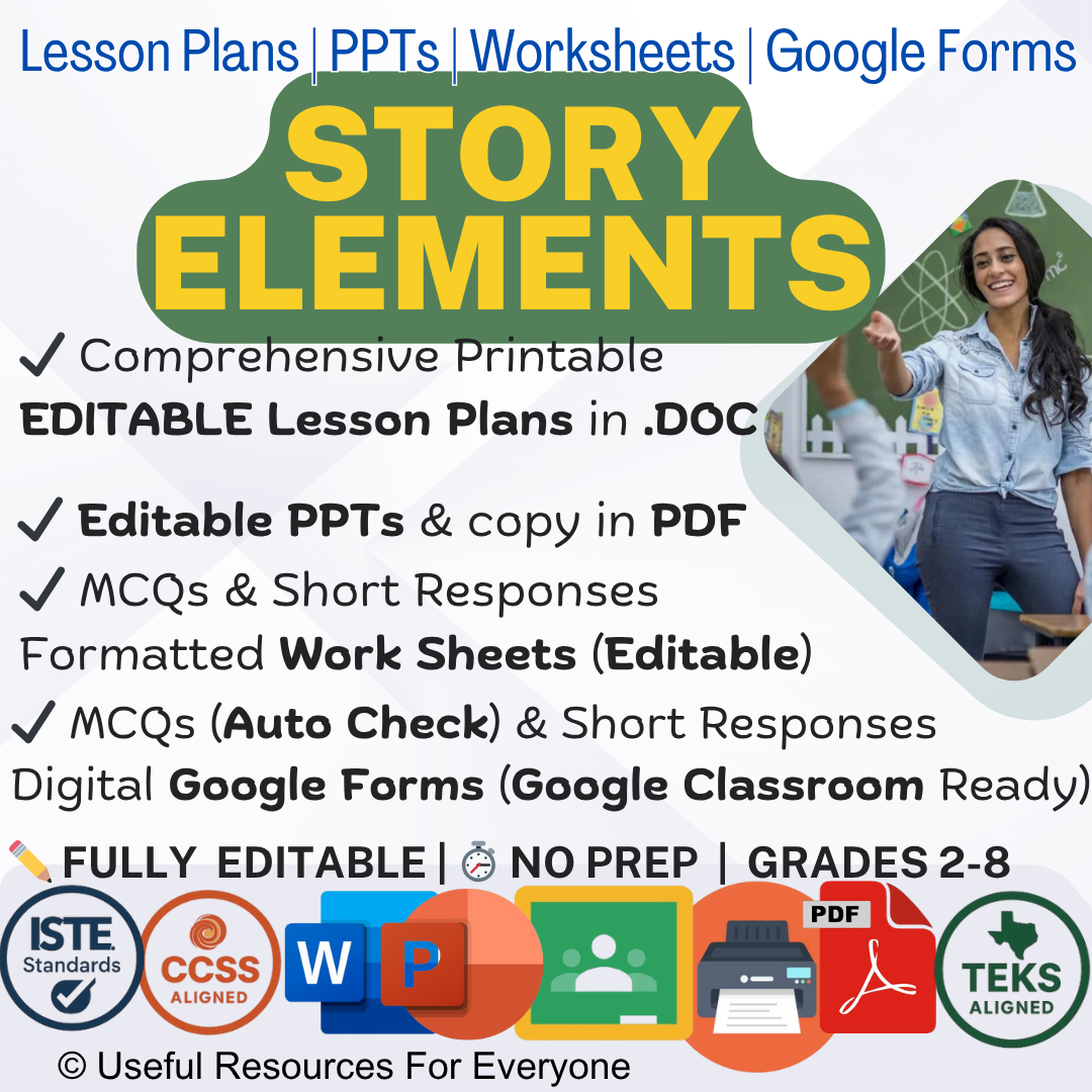 Unlock narrative mastery! This ALL-IN-ONE Story Elements bundle delivers 13 comprehensive, editable lesson plans, vibrant PPT slides, and 40 assessment questions. Perfect for teaching Character, Setting, Plot, Conflict, Theme, and Point of View. Fully editable, zero prep, and immediately impactful—master foundational literary analysis!