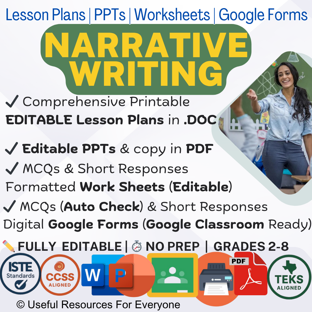 Unlock creativity! This ALL-IN-ONE Narrative Writing bundle delivers 3 comprehensive, editable lesson plans, vibrant PPT slides, and 40 assessment questions. Perfect for teaching plot, character, setting, and voice. Fully editable, zero prep, and immediately impactful—inspire your students to write amazing stories!