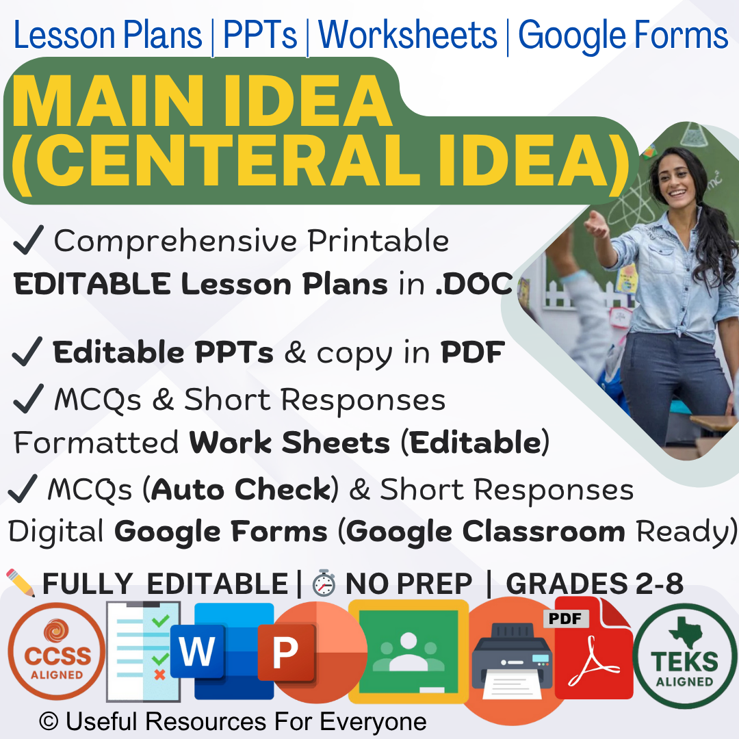 Unlock comprehension! This ALL-IN-ONE Main Idea bundle delivers 10 comprehensive, editable lesson plans, vibrant PPT slides, and 31 assessment questions. Perfect for teaching the central message, supporting details, and summarization. Fully editable, zero prep, and immediately impactful—master the most essential reading skill!