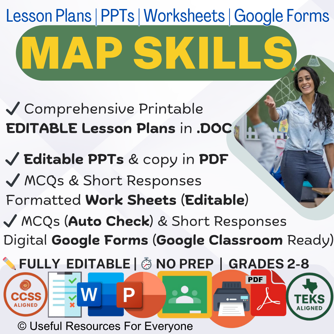 Unlock spatial literacy! This ALL-IN-ONE Map Skills bundle delivers 13 comprehensive, editable lesson plans, vibrant PPT slides, and 40 assessment questions. Perfect for teaching scale, symbols, directions, and map types. Fully editable, zero prep, and immediately impactful—master the art of cartography!