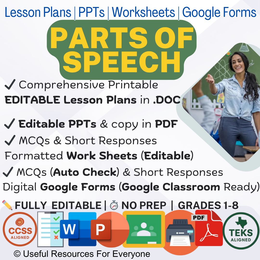 Unlock language precision! This ALL-IN-ONE Parts of Speech bundle delivers 10 comprehensive, editable lesson plans, vibrant PPT slides, and 40 assessment questions. Perfect for teaching all 8 parts, their function, and sentence structure. Fully editable, zero prep, and immediately impactful—master foundational grammar!