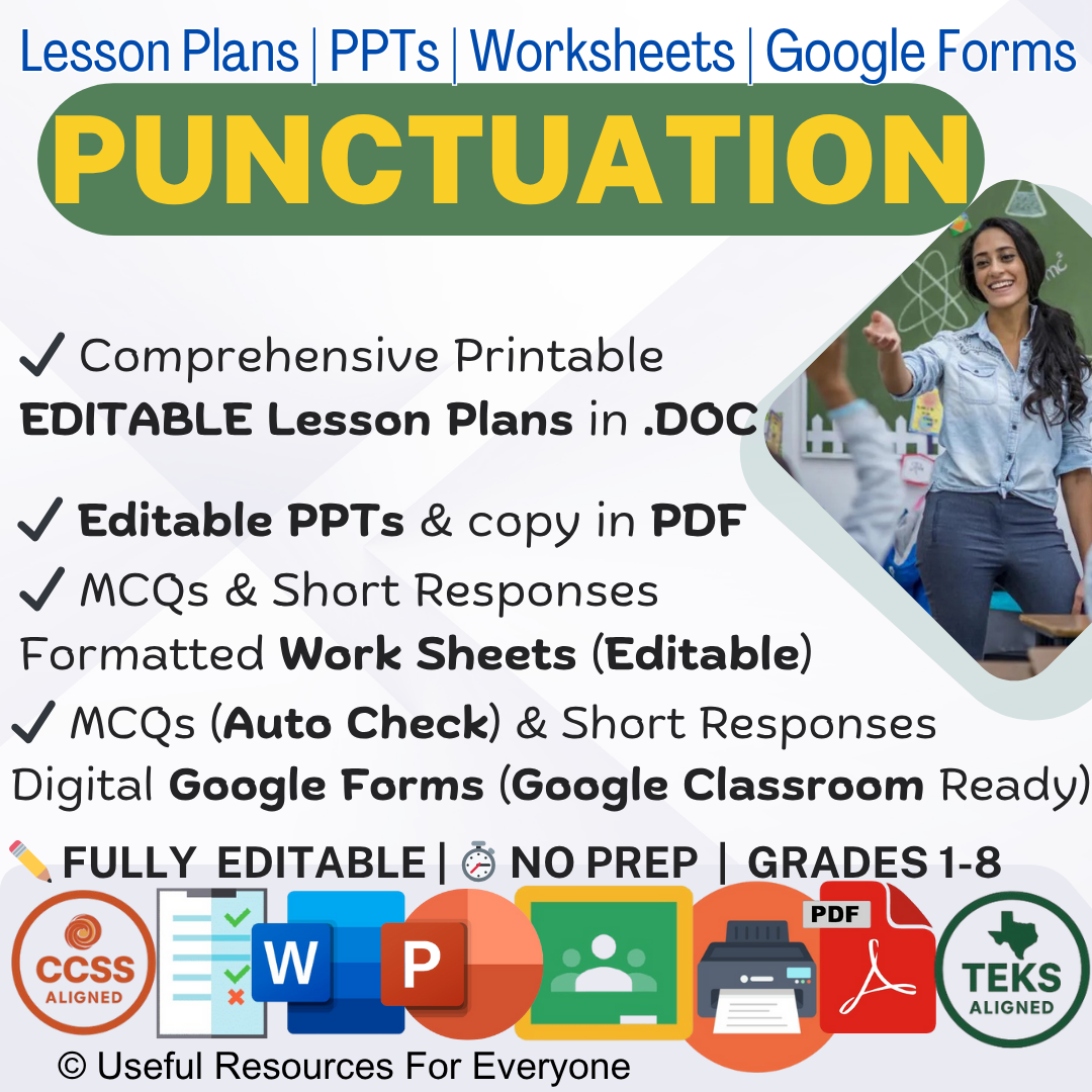 Unlock writing accuracy! This ALL-IN-ONE Punctuation bundle delivers 11 comprehensive, editable lesson plans, vibrant PPT slides, and 40 assessment questions. Perfect for teaching commas, apostrophes, semicolons, and dialogue rules. Fully editable, zero prep, and immediately impactful—master essential writing conventions!