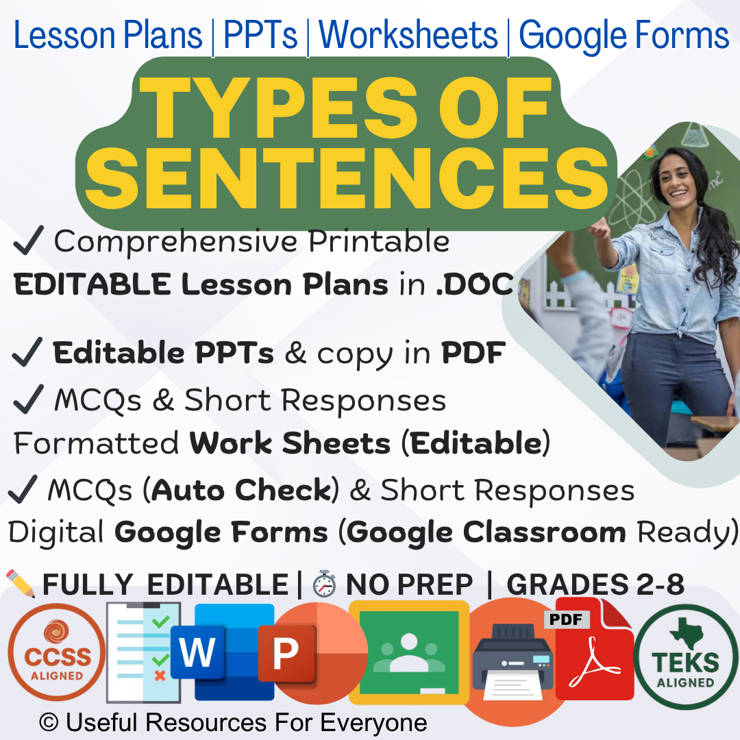 Unlock writing fluency! This ALL-IN-ONE Types of Sentences bundle delivers 6 comprehensive, editable lesson plans, vibrant PPT slides, and 40 assessment questions. Perfect for teaching the four sentence functions and correct terminal punctuation. Fully editable, zero prep, and immediately impactful—master foundational writing style!