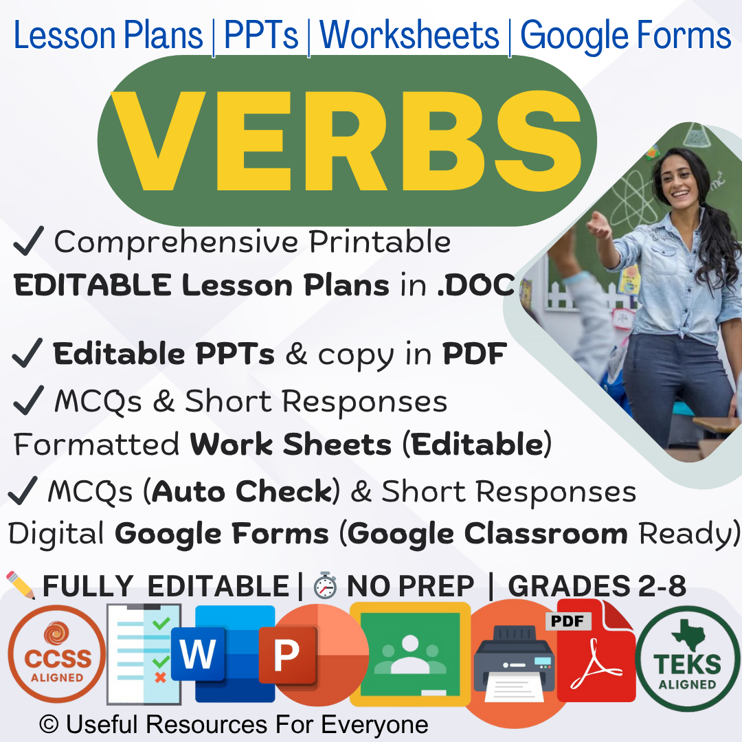 Unlock writing power! This ALL-IN-ONE Verbs bundle delivers 10 comprehensive, editable lesson plans, vibrant PPT slides, and 40 assessment questions. Perfect for teaching action, linking, and helping verbs, verb phrases, and basic tenses. Fully editable, zero prep, and immediately impactful—master foundational English grammar!