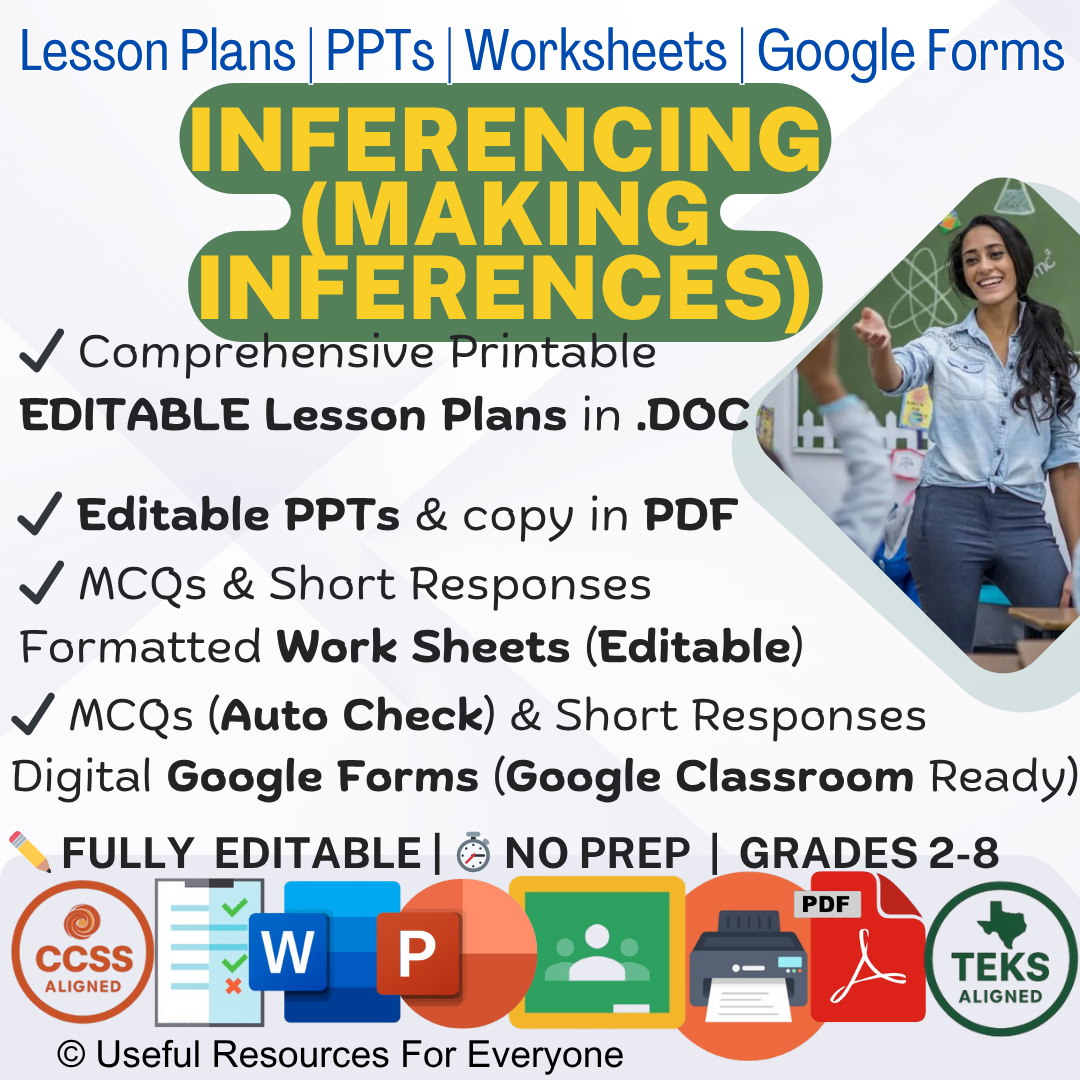 Unlock implicit meaning! This ALL-IN-ONE Inferencing bundle delivers 14 comprehensive, editable lesson plans, vibrant PPT slides, and 40 assessment questions. Perfect for teaching evidence-based reasoning and boosting reading comprehension. Fully editable, zero prep, and immediately impactful—transform your students into reading detectives!