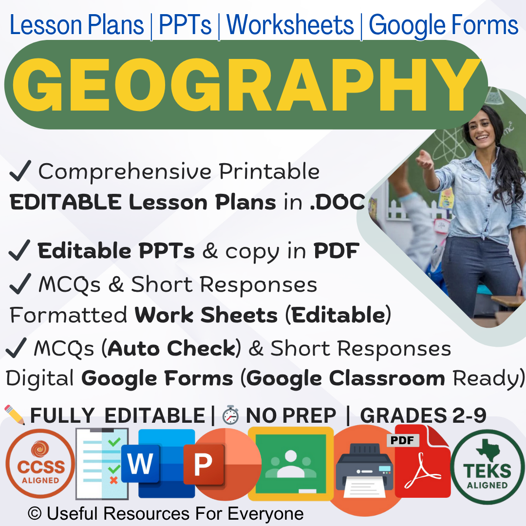 Unlock global understanding! This ALL-IN-ONE Geography bundle delivers 12 comprehensive, editable lesson plans, vibrant PPT slides, and 40+ assessment questions. Perfect for teaching map skills, physical, and human geography. Fully editable, zero prep, and immediately impactful—save hours of research and planning!