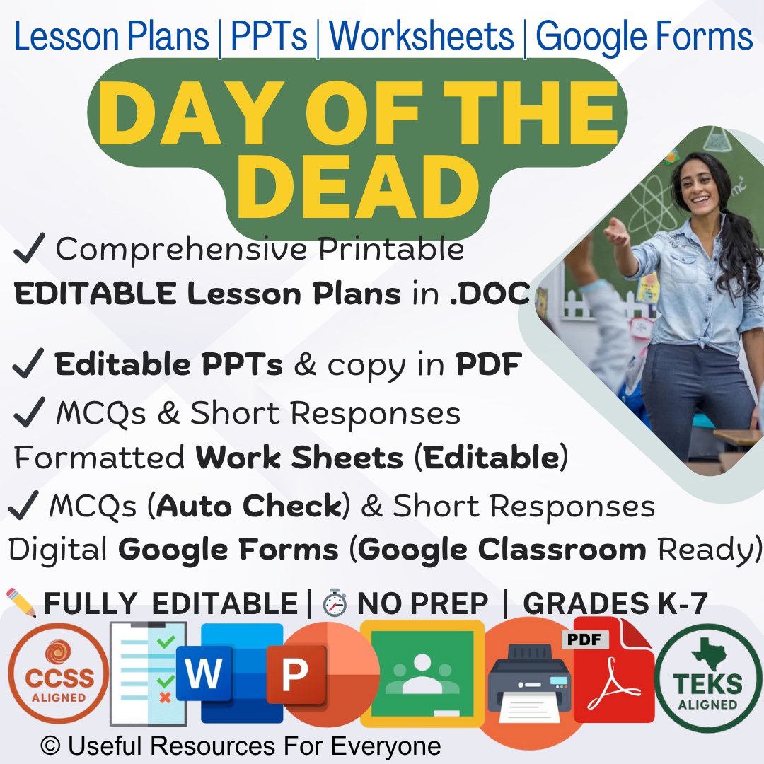 Unlock cultural understanding! This ALL-IN-ONE Day of the Dead bundle delivers 13 comprehensive, editable lesson plans, vibrant PPT slides, and 40+ assessment questions. Perfect for teaching history, traditions, and symbolism. Fully editable, zero prep, and immediately impactful—save hours of research and planning!