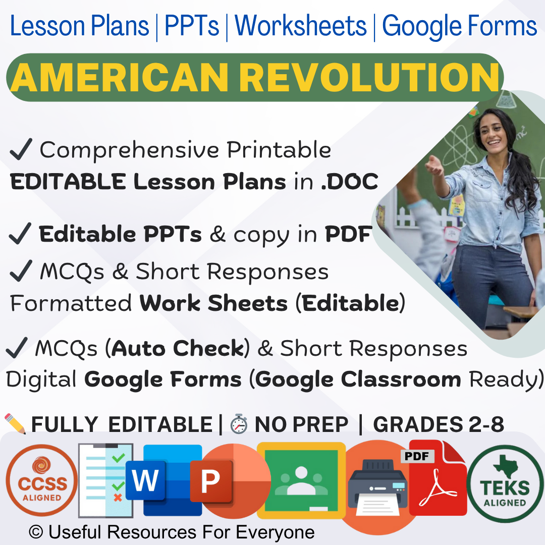 revolutionary war lesson plans, american history unit, editable history resources, middle school history, high school history, primary source analysis