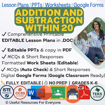 Add Subtract Within 20 Lesson Plans PPTs Worksheets Google Forms Bundle