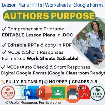 Authors Purpose Lesson Plans PPTs Worksheets Google Forms Quiz Bundle