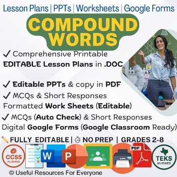 Compound Words Lesson Plans PPTs Worksheets Google Forms Quiz Bundle