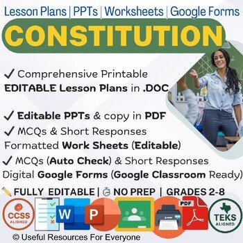 Constitution Lesson Plans PPTs Worksheets Google Form Quiz Bundle