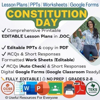 constitution day Lesson Plans PPTs Worksheets Google Form Quiz Bundle
