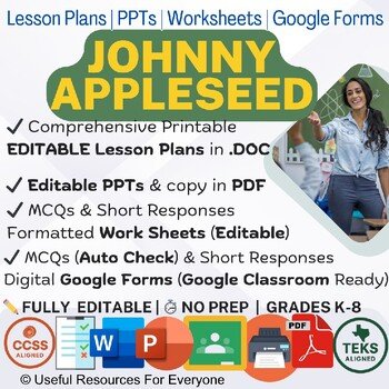 Johnny appleseed Lesson Plans PPT Worksheets Google Form Quiz Bundle Johnny appleseed Lesson Plans PPT Worksheets Google Form Quiz Bundle