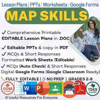 Map Skills Lesson Plans PPTs Worksheets Google Form Quiz Bundle