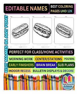 Editable Hotdog Coloring Pages | Personalized Name Practice Worksheets | 50 Prin