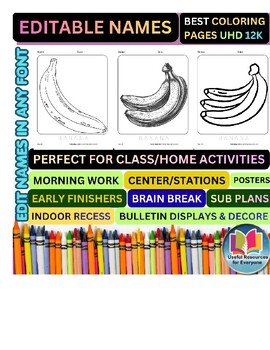 Editable Banana Coloring Pages | Personalized Name Practice Worksheets | 50 P