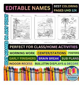 Editable Beach Coloring Pages | Personalized Name Practice Worksheets | 50 P
