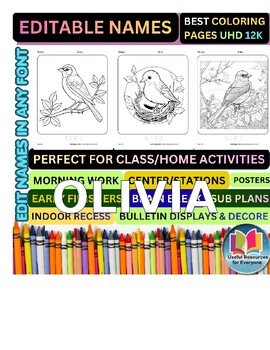 Editable Bird Coloring Pages | Personalized Name Practice Worksheets | 50 Pri