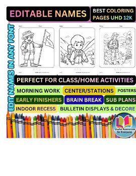 Editable Backpack Coloring Pages | Personalized Name Practice Worksheets | 50 Pr