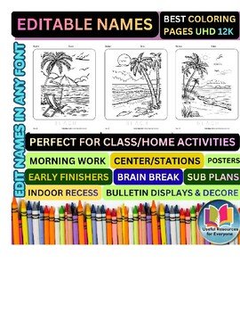 Editable Beach Coloring Pages | Personalized Name Tracing Worksheets | 50 Printa