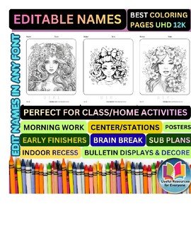 Editable Girl Floral Coloring Pages with Personalized Student Names | 50 Elegant