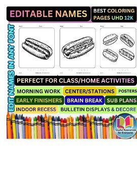 Editable Hotdog Coloring Pages with Personalized Student Names | 50 Premium Cust