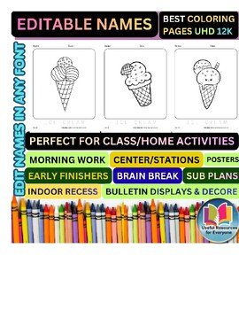 Editable Ice Cream Cone Coloring Pages with Personalized Student Names | 50 Prem