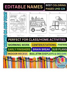 Editable Ice Cream Truck Coloring Pages with Personalized Student Names | 50 Lux