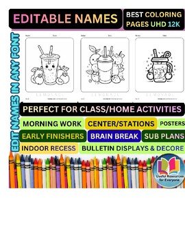 Editable Lemonade Cup Coloring Pages with Personalized Student Names | 50 Refres
