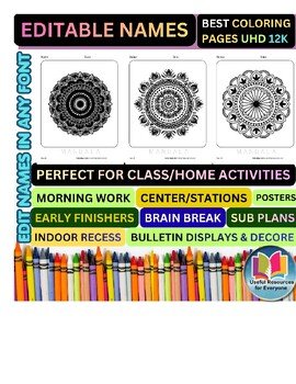 Luxury Editable Mandala Coloring Pages with Personalized Student Names | 50 Mind Luxury Editable Mandala Coloring Pages with Personalized Student Names | 50 Mind