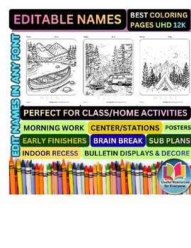 Adventure-Themed Editable Mountain Coloring Pages with Personalized Student Name