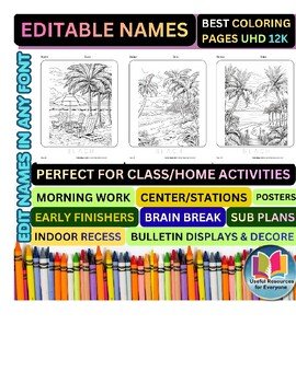 Editable Beach Coloring Pages with Personalized Student Names | 50 Summer DOCX W