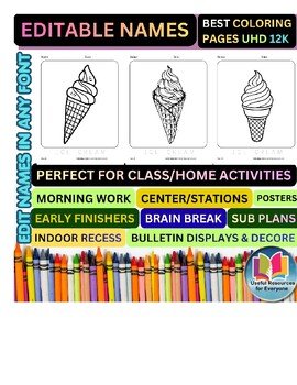 Editable Ice Cream Cone Coloring Pages with Personalized Student Names | 60 Summ