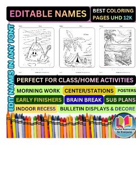 Editable Beach Coloring Pages with Personalized Student Names | 50 Summer Vacati