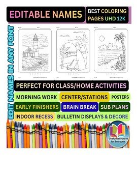 Editable Beach Coloring Pages with Custom Student Names | 50 Coastal Adventure D
