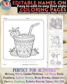 Editable Lemonade Cup Coloring Pages with Personalized Student Names | 50 Summer