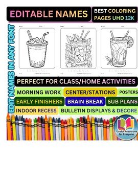 Editable Lemonade Cup Coloring Pages with Personalized Student Names 50 Summer