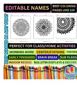 Editable Mandala Coloring Pages with Personalized Student Names | 50 Mindfulness