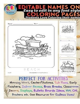 Editable Boat & Ships Colouring Pages with Personalized Student Names | 35 Print