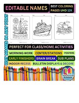 Editable Boat & Ship Coloring Pages with Personalized Student Names | 33 Ocean A