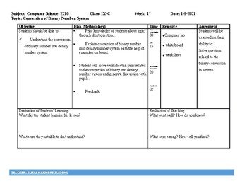 Conversion of Binary Number System (Computer, Science) Editable lesson plans 4+