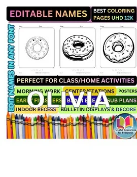 Editable Donut Coloring Pages | Personalized Name Practice Worksheets | 50 Pages