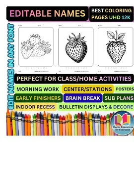 Editable Strawberry Coloring Pages | Personalized Name Practice Worksheets | 50
