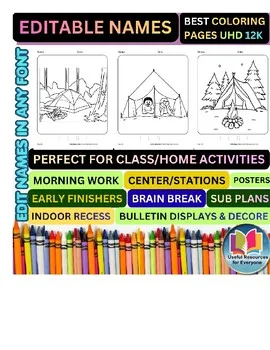 Editable Tent Coloring Pages | Personalized Name Practice Worksheets | 50 Prints