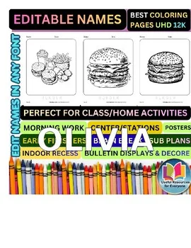 Editable Burger Coloring & Name Practice Mega Pack | 50 Premium Personalized DOC