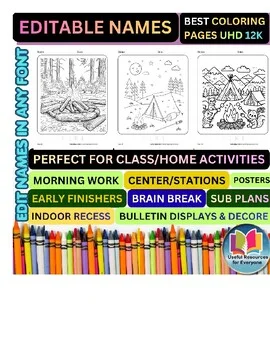 Editable Campfire Adventure Coloring Pages | 50 Personalized Student Name Worksh